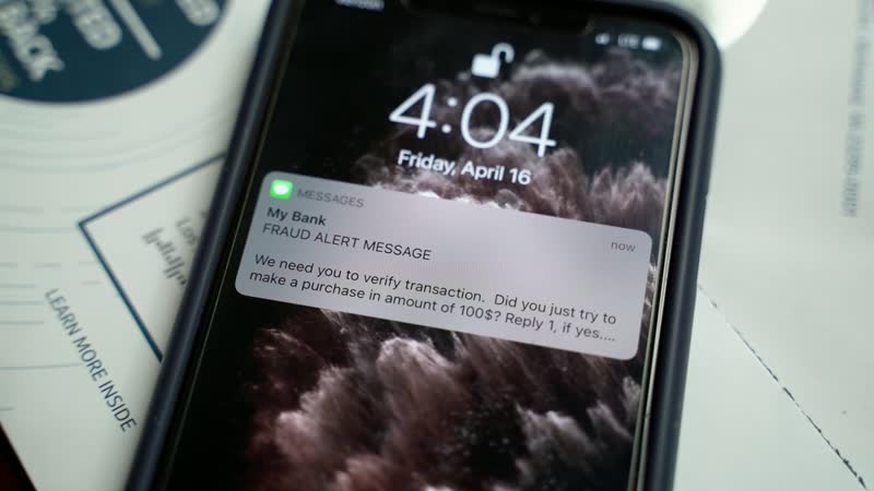 A phone lock screen showing a message that claims to be a bank fraud alert and asks for a reply to confirm a transaction.